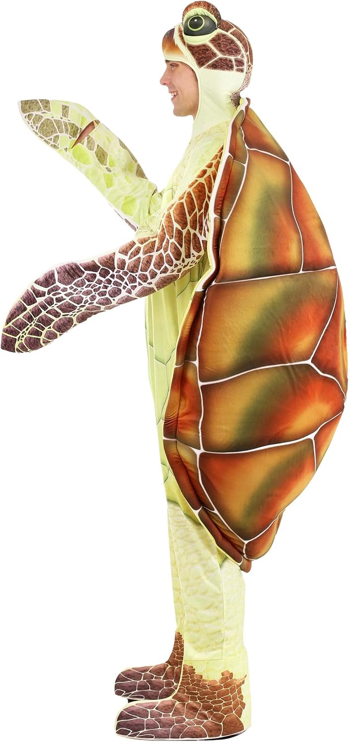 Adult Sea Turtle Halloween Costume, Hooded Turtle Jumpsuit With Attached Mitts, Shoe Covers, And A Realistic Turtle Shell