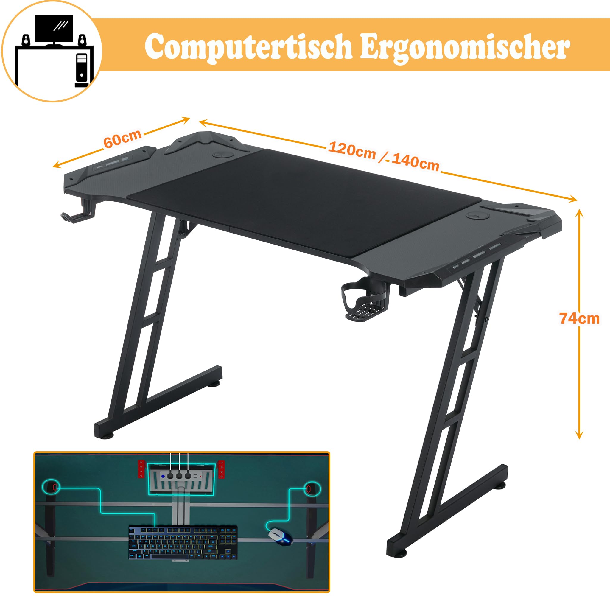 SUBTLETY Gamingtafel, 160 x 60 cm, A-frame, bureau met bekerhouder en