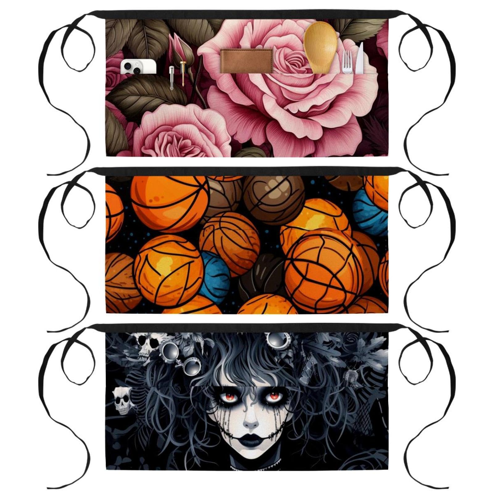 3 Packs Short Server Aprons, 3 Pockets Waist Apron, Basketball Kitchen Chef Aprons, Work Half Apron for Waitress Waiter