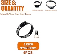 Vista 2 de ISPINNER 4 abrazaderas de manguera de engranaje helicoidal de acero inoxidable ajustable de 3 pulgadas con rango de tamaño de 2.047-2.992 in