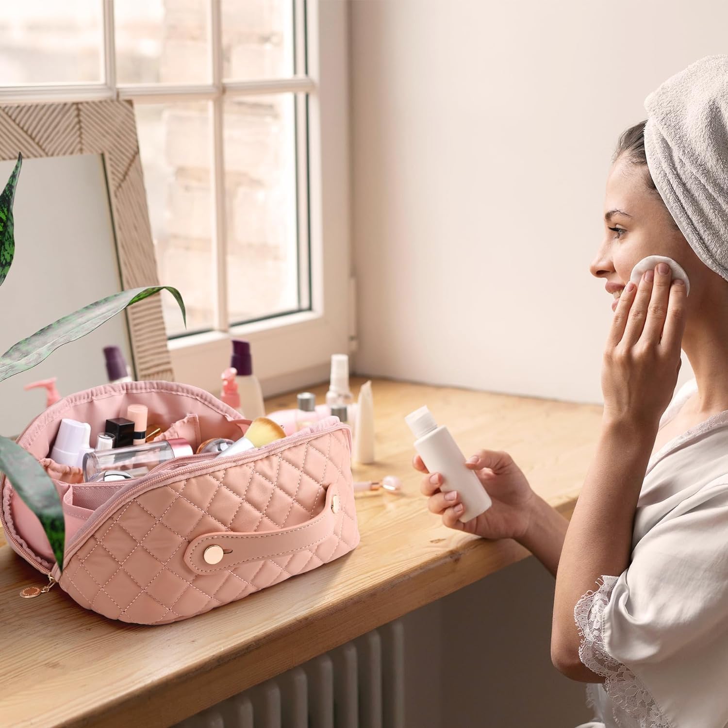 W2S Travel Makeup Organizer, Cosmetic Organizer Box for Women & Large Storage Toiletry Pouch Kit | Durable & Waterproof Case for Makeup Lovers - Essential Vanity Box & Makeup Bag (Pink) 4