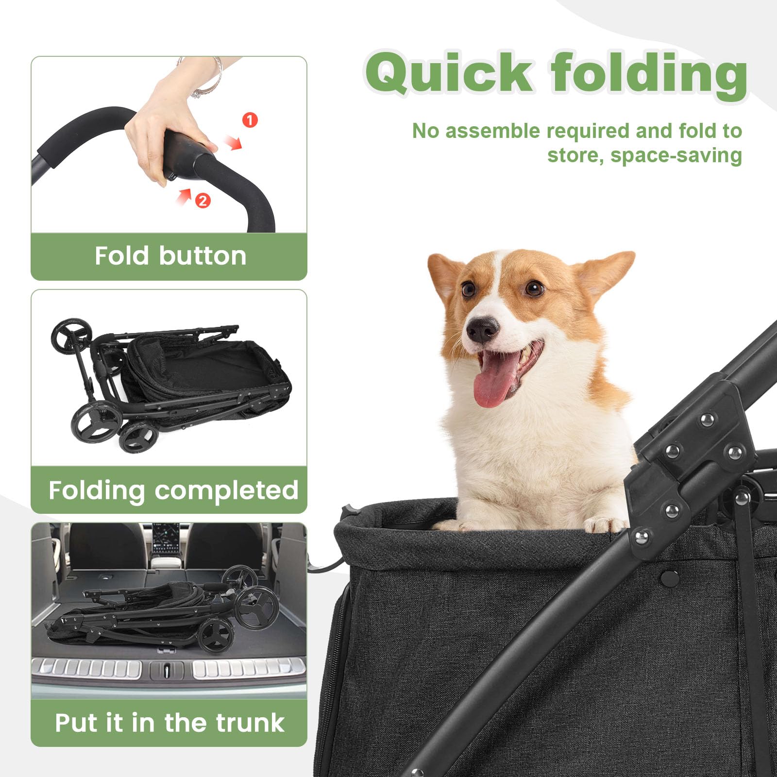Passeggino da viaggio per cani con 4 ruote resistenti, passeggino pieghevole per animali domestici con maniglia regolabile, doppia capacità per cani di taglia piccola e media (nero)