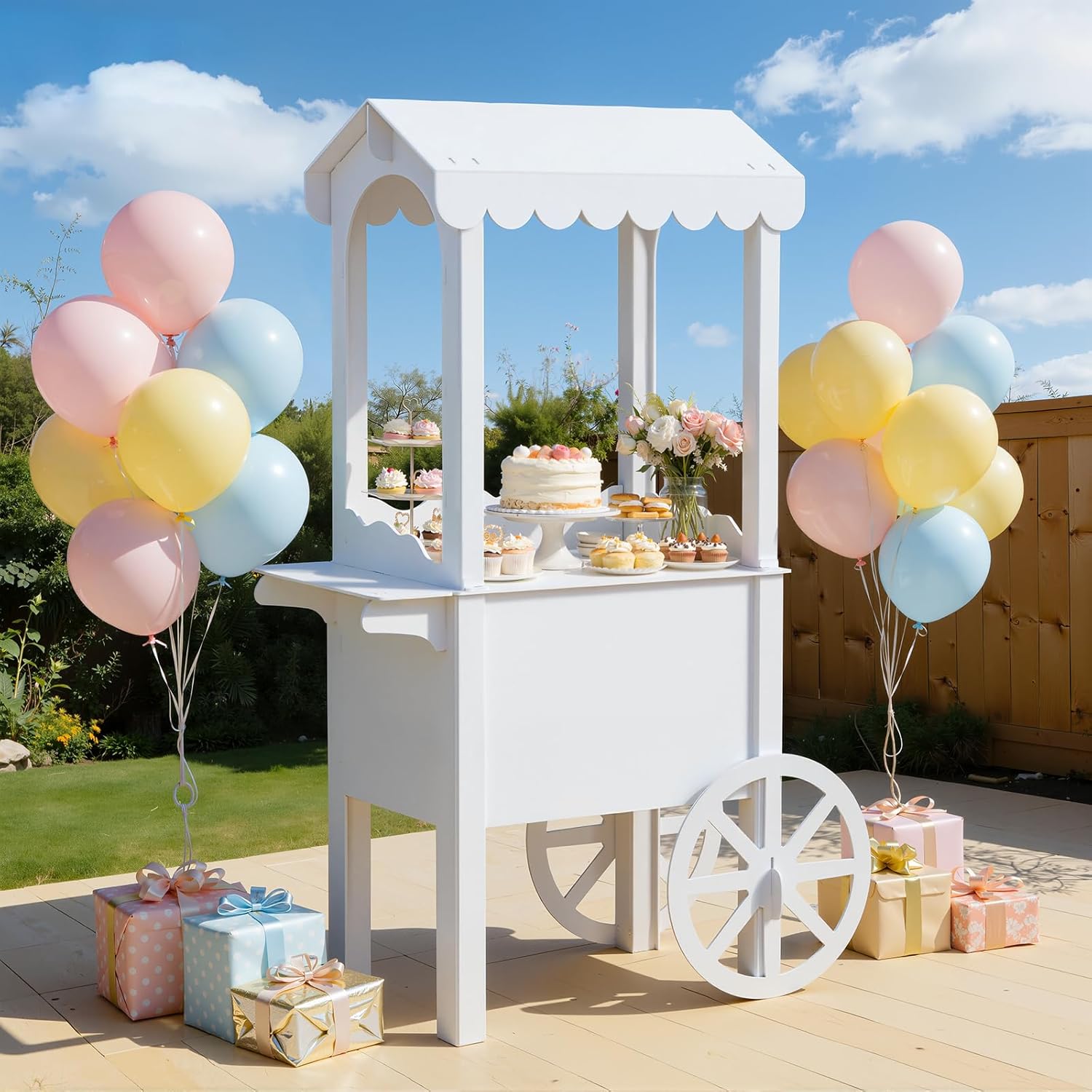 imprsv Candy Cart, Tool-Free Assembly Dessert Cart Lightweight PVC Candy Cart with Wheels for Party Birthday Decor
