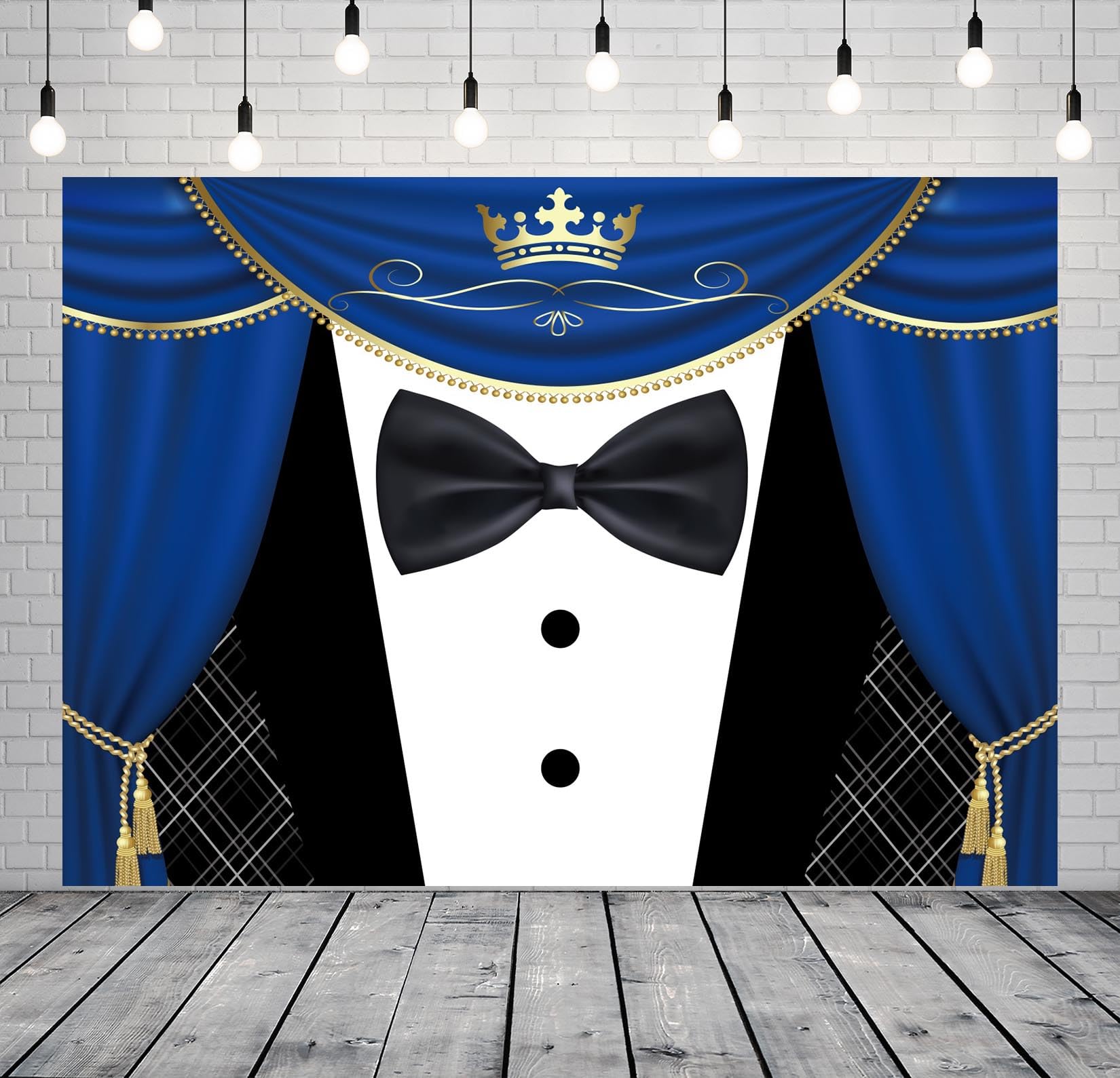 BELECO 12x10ft Fabric Black Tuxedo Backdrop Black and White Suit with Bow Tie Crown Blue Curtain Background for Father's Day Decorations Gentlemen