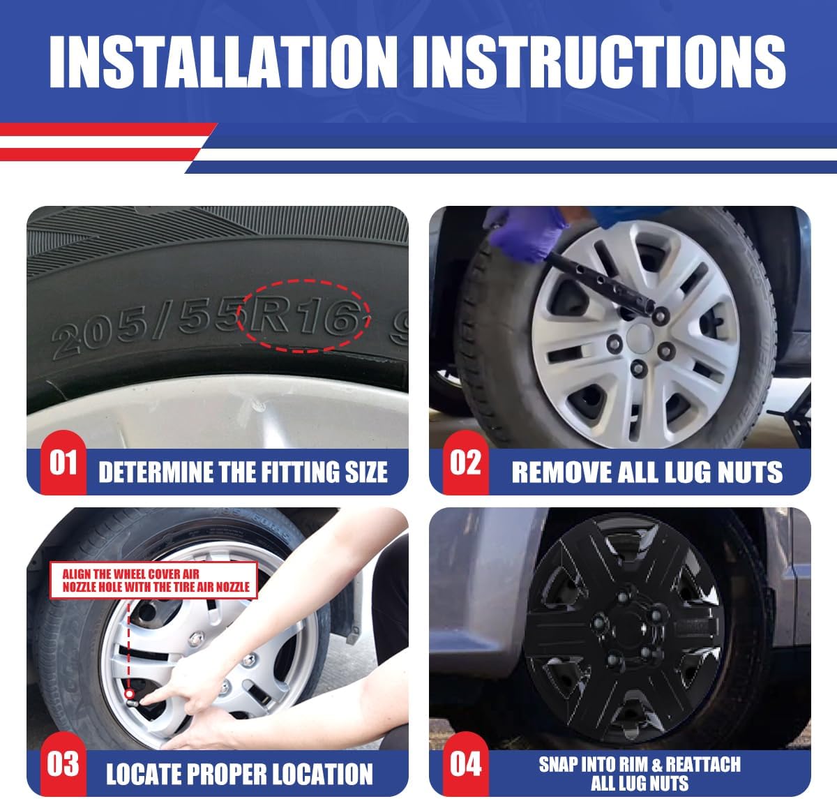 16” Hubcaps Fit for 2008-2016 Dodge Grand Caravan and 2008-2010 Chrysler Town & Country, ABS&PC Material Wheel Rim Covers for Steel Wheels, Bolt-On Installation, 16 Inch Black Lacquer 4-Pack