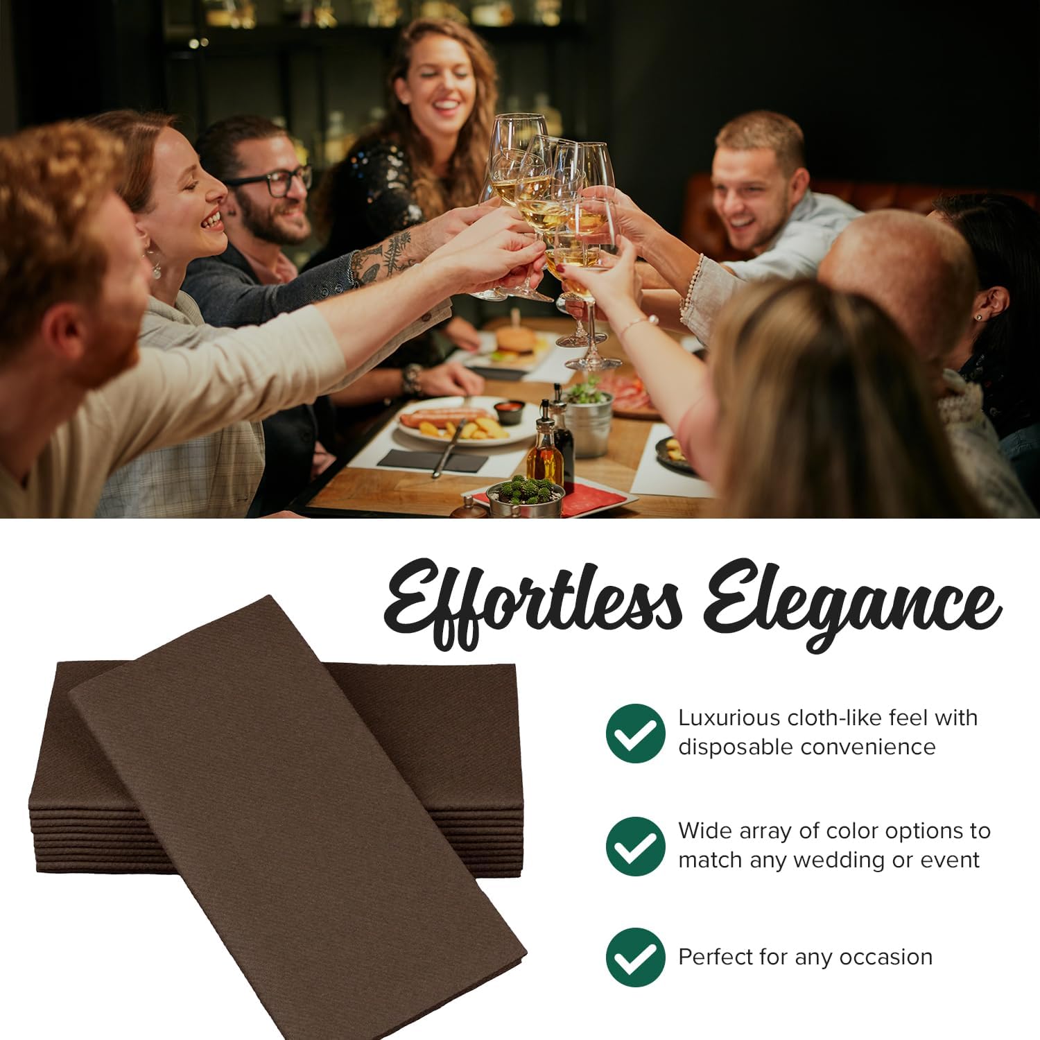 SimuLinen Brown Linen Feel Disposable Dinner Napkins - Cloth-Like Kosher Napkins for Weddings and Showers, Decorative 16"x16", Box of 50