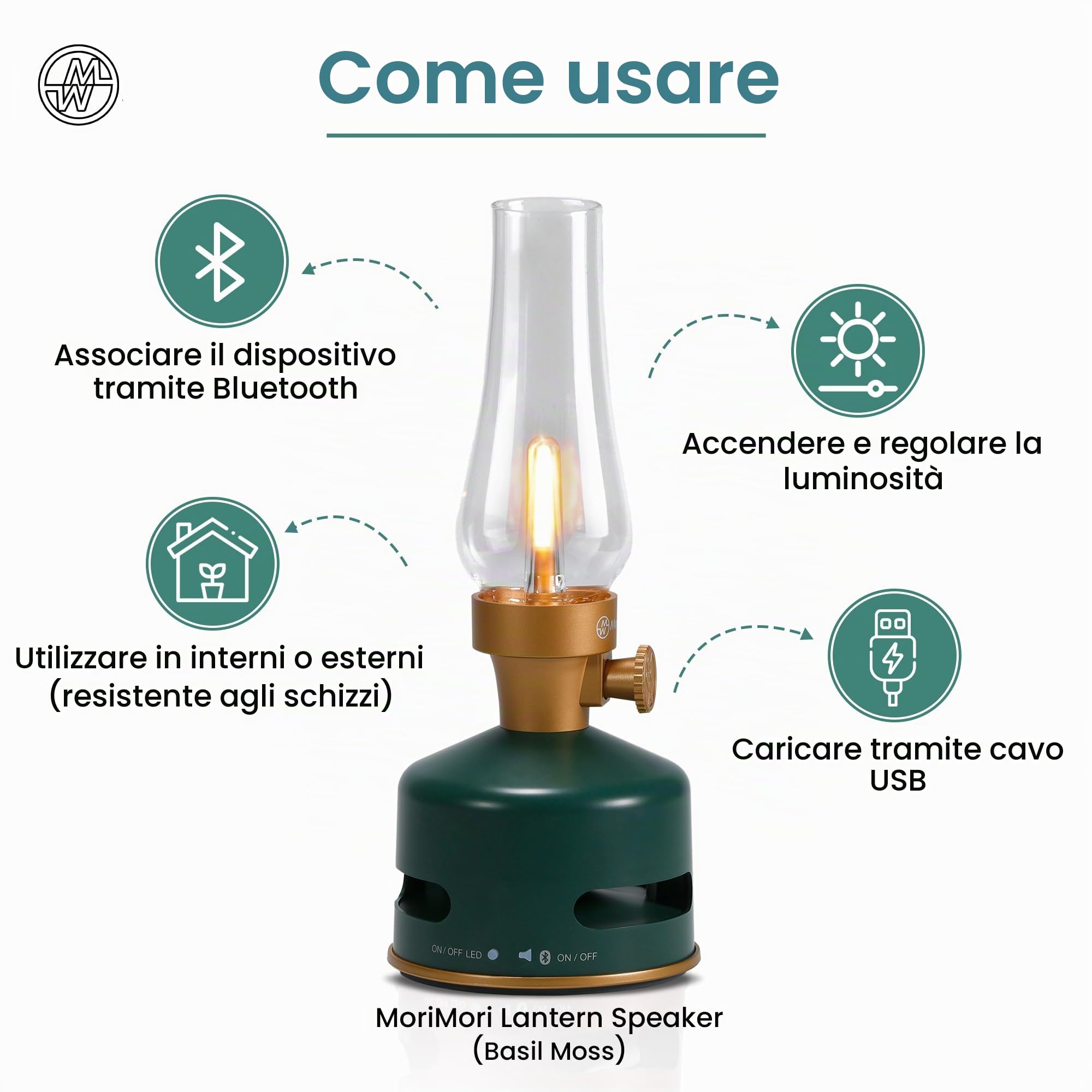 KOOKOO MoriMori Lampada di design con altoparlante (Basil-moos)