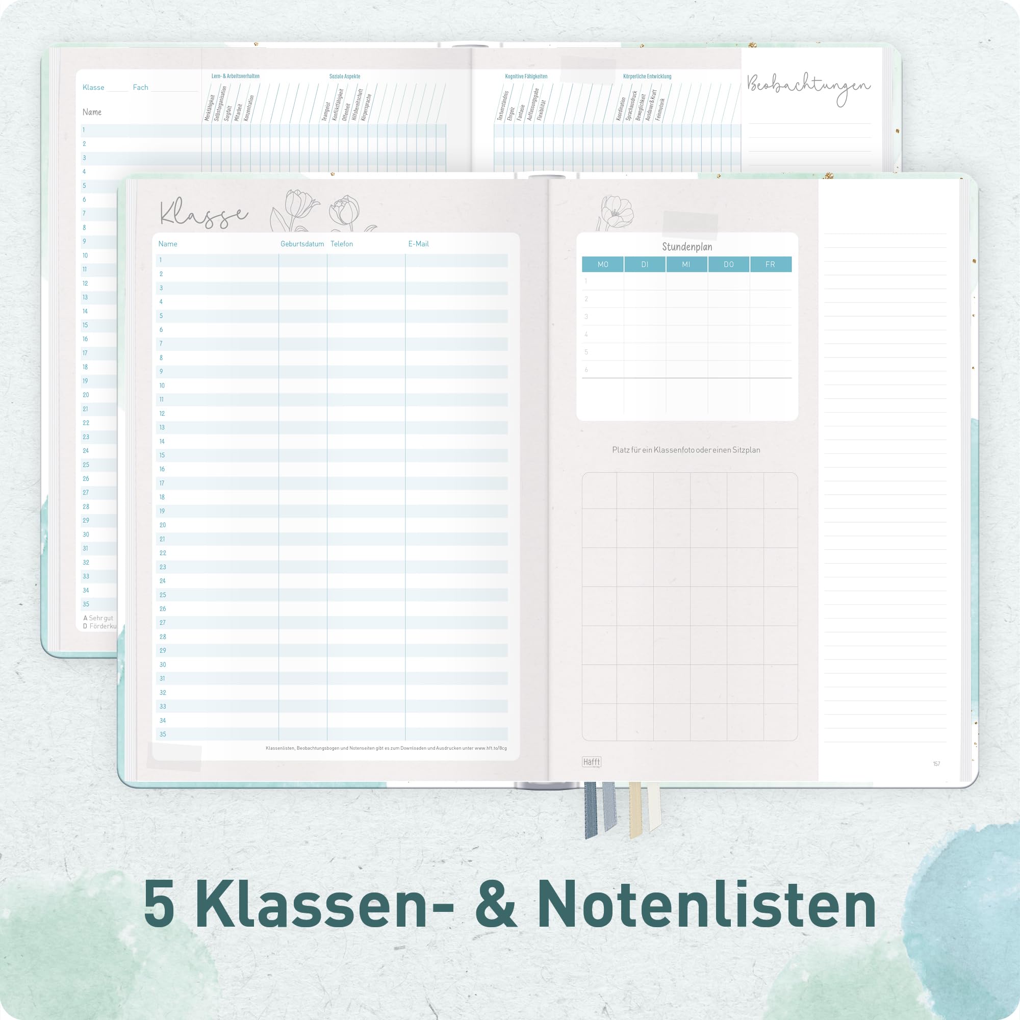 Häfft® Lehrerplaner Grundschule 2026/2027 im A4+ Format Hardcover - Schuljahr 12 Monate (Aug 26 - Jul 27) Lehrerkalender & Unterrichtsplaner für Klasse 1–4 "Watercolor Dots"