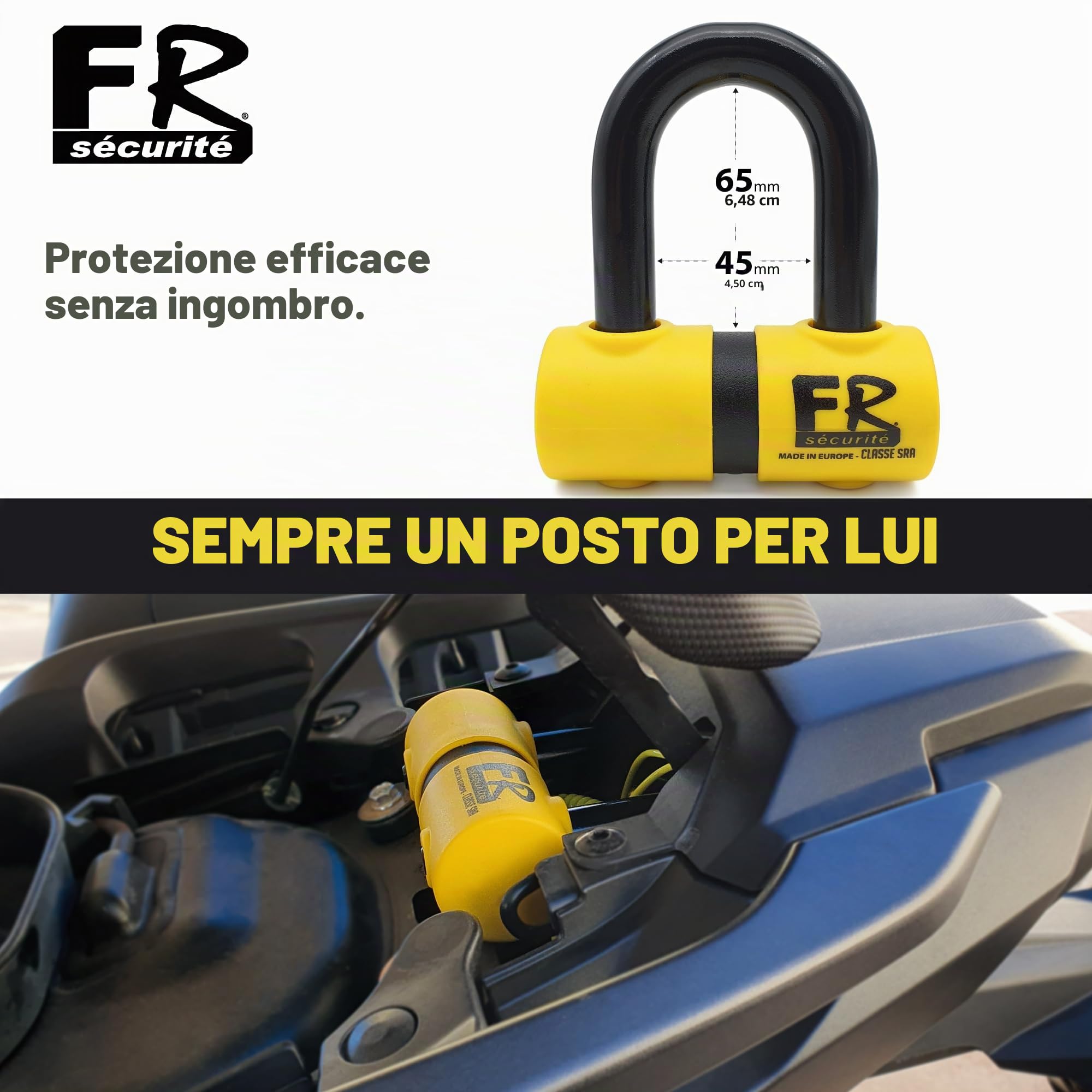 FR SECURITE FR50 Bloccadisco Moto Mini U Omologato SRA, Arco ø18mm in Acciaio Cementato, Doppia Chiusura, Serratura ad Alta Sicurezza Antiscasso, Cavo Promemoria, Lucchetto Antifurto per Moto Scooter