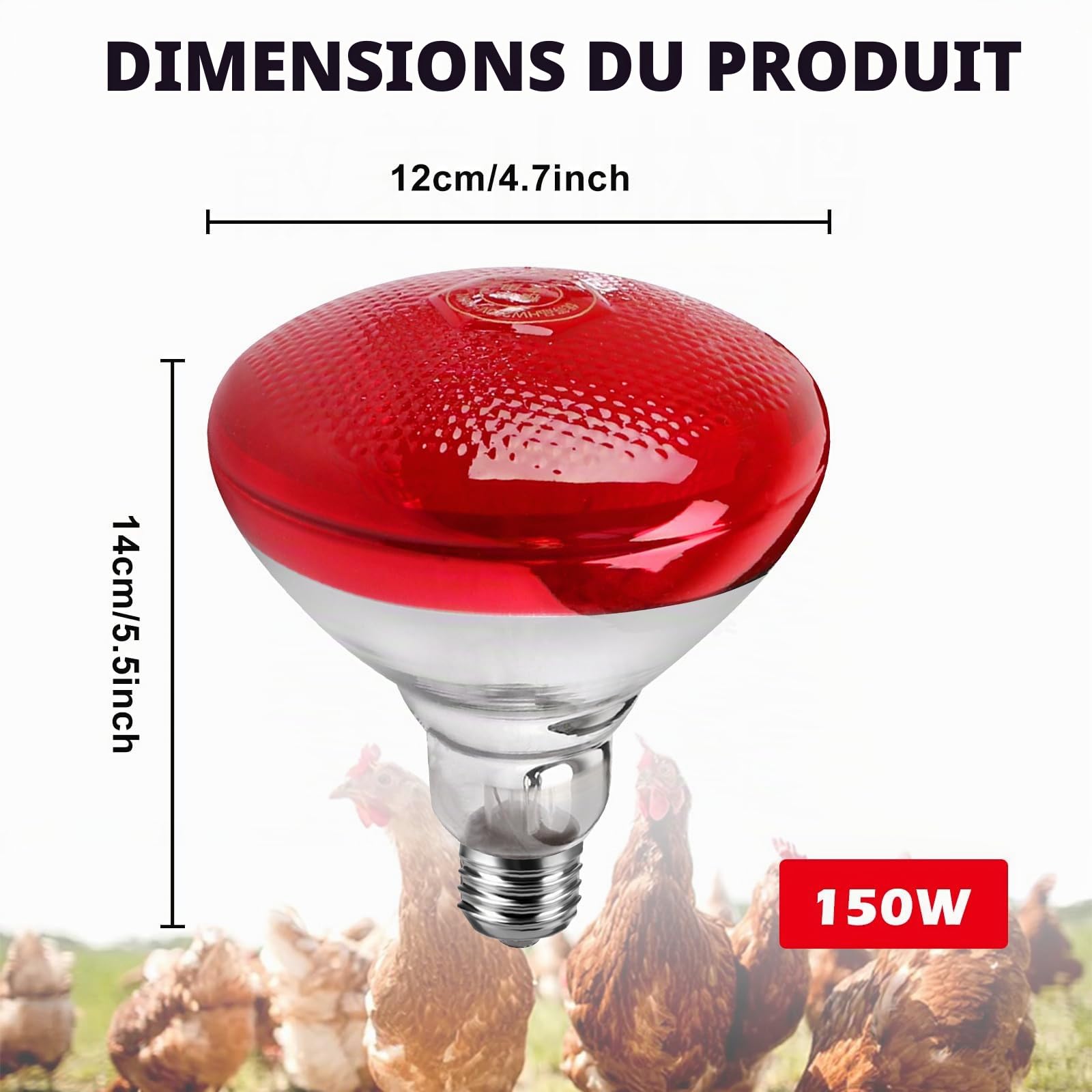 Lampe chauffante à lumière rouge, 150 W Chauffant Poussin pour poulaillers, lampe chauffante pour poulailler, lampe chauffante pour animaux, lampe infrarouge thermostatique automatique, pour poussins