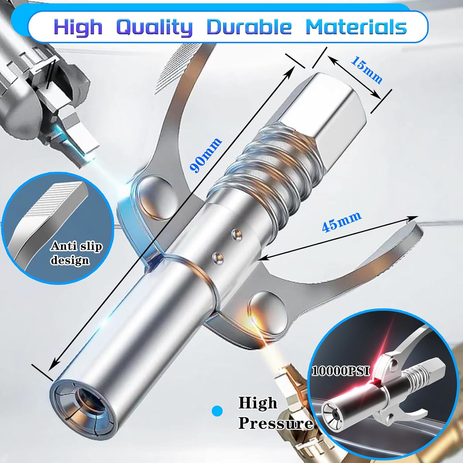 Grease Gun Coupler Quick Lock and Release Lube Grease Gun Tip 2PCS+12''Grease Gun Tube+9PCS Grease Nipple Nozzle Ends Kit M6-M10 Compatible with All Grease Guns 1/8" Npt 10000PSI