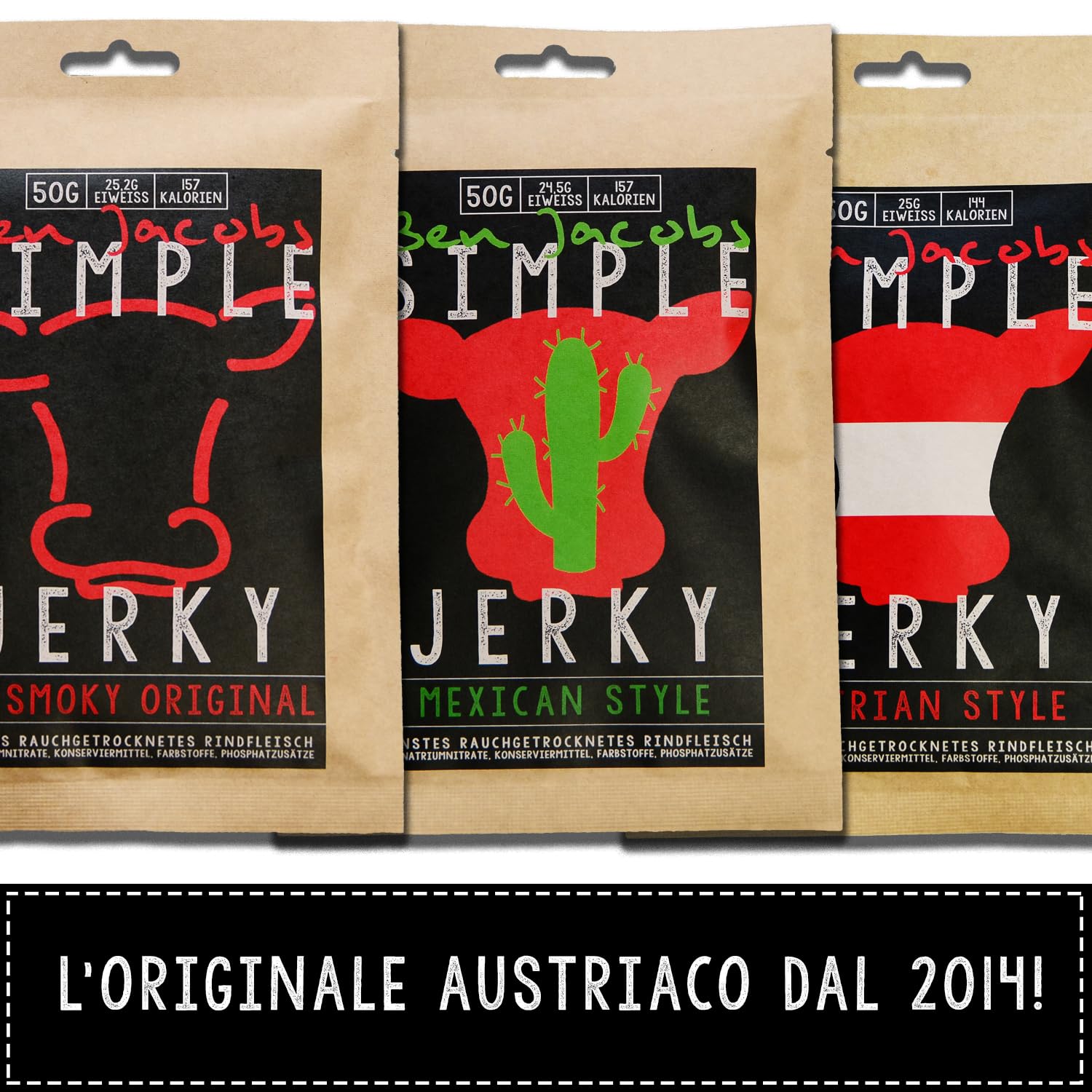 Beef Jerky Scatola di Campioni, 5 x 50g, La carne secca numero 1 in Austria, senza additivi, senza conservanti