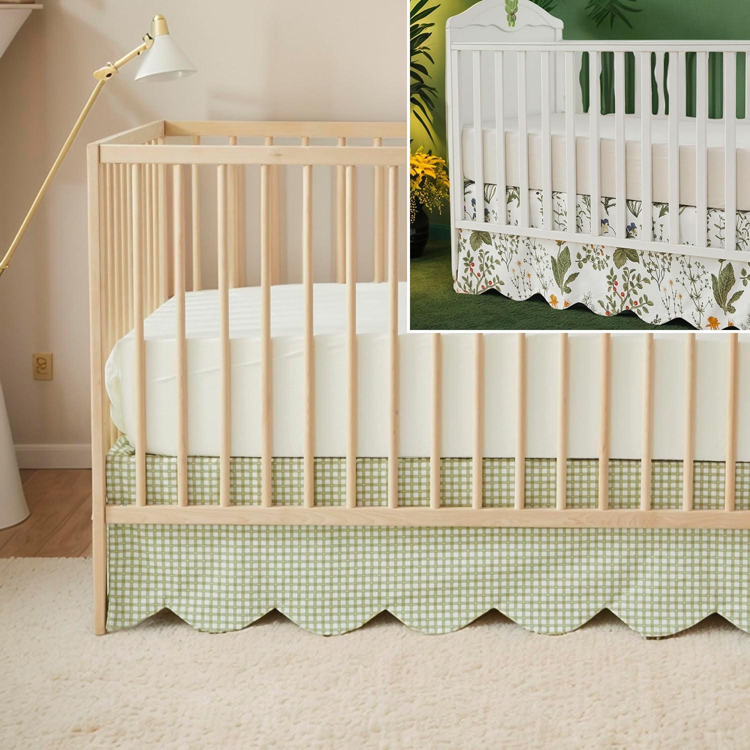 Brandream 2 Packs Crib Bed Skirt 100% Cotton Scallop Edge Sage Green Botanical Floral Crib Skirt Farmhouse Chic