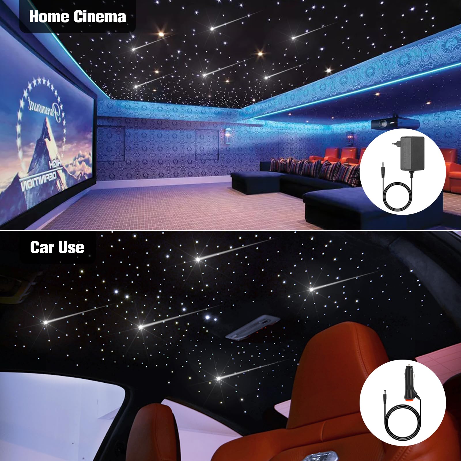 CHINLY 12W Meteoro Luces Techo Estrellado Coche, RGBW Control por APP Bluetooth y Mando, Activación por Música, 450pcs of (0,75mm+1,0mm+1,5mm)*3m Kit Luces Fibra Optica para Coche/Cine/Hogar