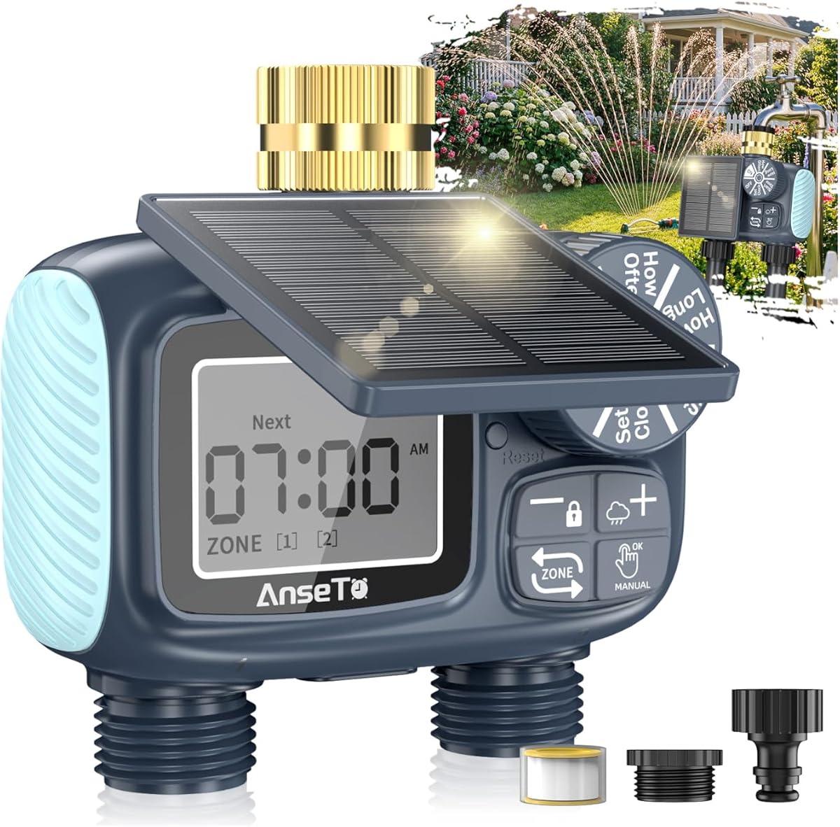 Solar Sprinkler Timer,2 Zone Brass Inlet Water Timer for Garden Hose | Programmable Intelligent Automatic Plant Watering Devices, Rain Delay and Manual Irrigation Controller System for Patio Lawn