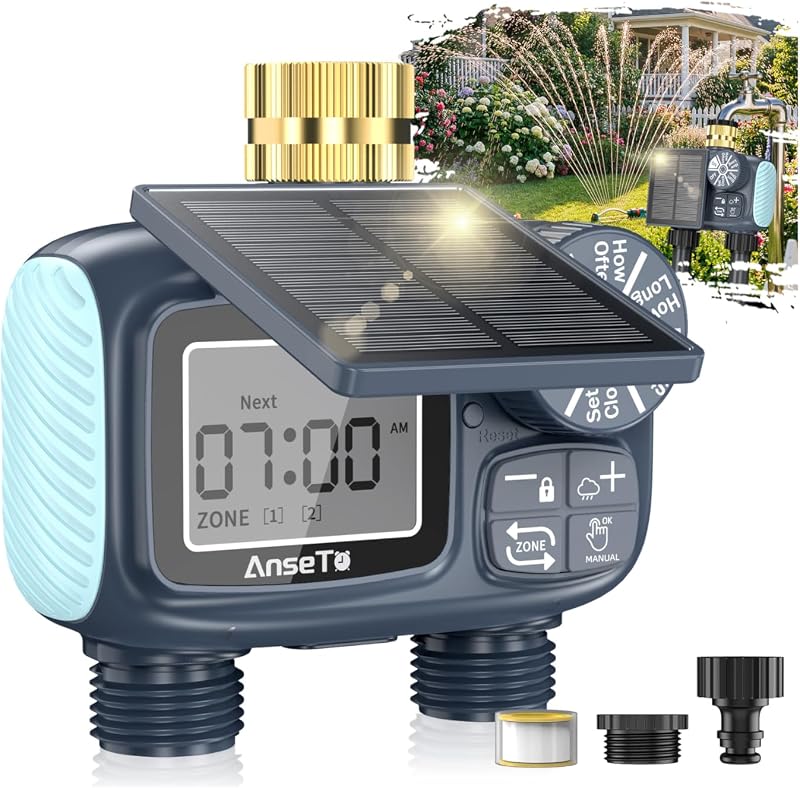 Solar Sprinkler Timer,2 Zone Brass Inlet Water Timer for Garden Hose | Programmable Intelligent Automatic Plant Watering Devices, Rain Delay and Manual Irrigation Controller System for Patio Lawn