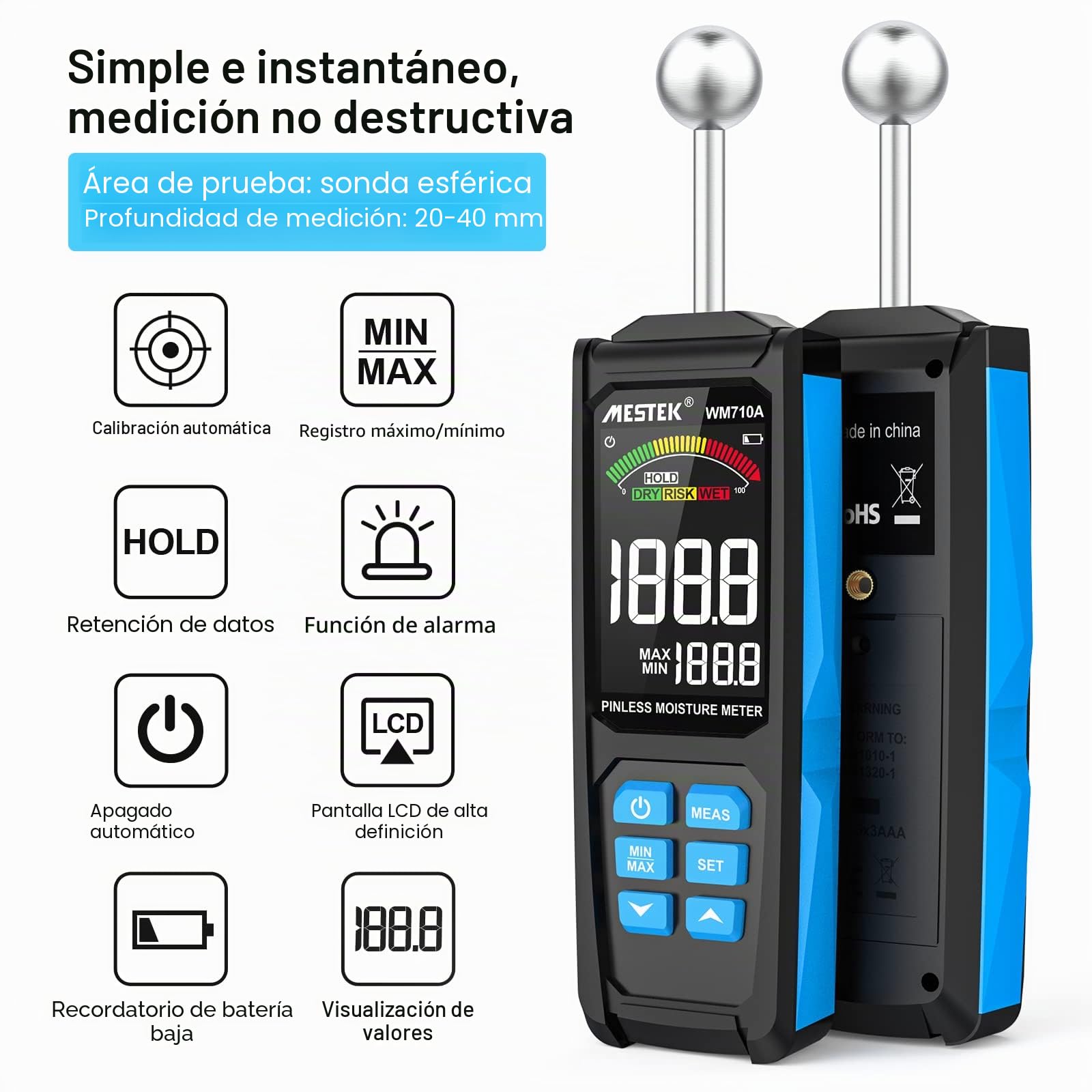 Medidor de Humedad MESTEK Humidímetros 20-40mm Detector de Humedad sin Pin Portátil Humedad Medición Digital Pantalla LCD Alarma para Madera, Paredes, Hormigón, Ladrillo y Materiales de Construcción