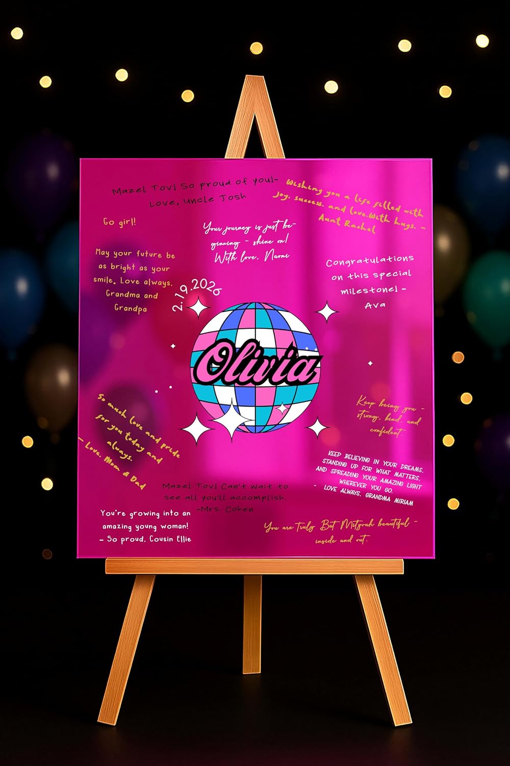 Bar or Bat Mitzvah Party Quinceañera Birthday Sweet 16 Event Guest Sign In Board, Custom Signature Book Alternative, Personalized Keepsake, Party Decor, Custom Photo or Logo, Premium Acrylic Sign, Made in CT, USA. (Disco Ball)