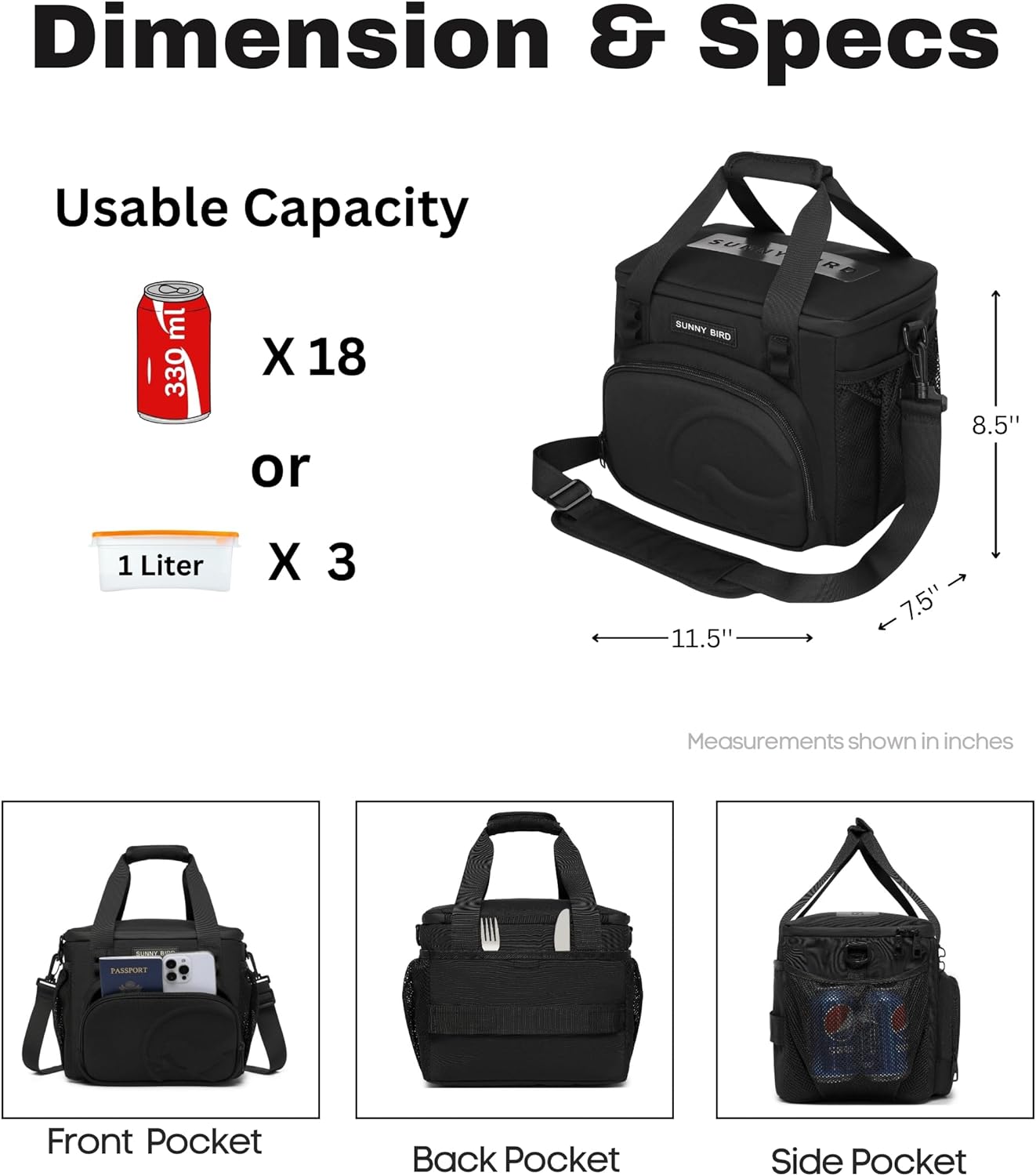 SUNNY BIRD 12L Large Insulated Lunch Bag, Leakproof and Foldable Lunch Cooler Box for Women Adult and Men, Fits 18 Cans (Black 01) - Image 3