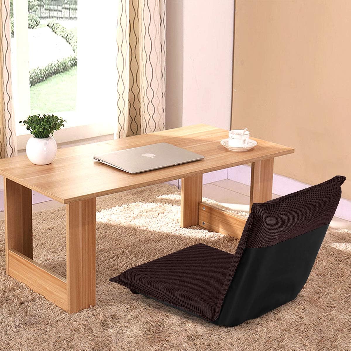 GOPLUS Chaise de Sol Pliante avec 6 Positions Réglables, Fauteuil Convertible Paresseux Inclinable Rembourré d’Éponge, Chaise de Plancher pour Maison, Bureau,97x47x8CM (Marron)