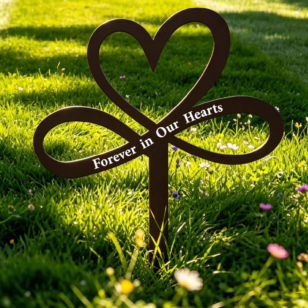 PRESSINART Forever in Our Hearts Grave Marker Stakes 22 x 15 x 0.1 cm Grave Decorations for Cemetery Heart Design Black Metal Memorial Plaque Signs for Loss of Family Garden Yard Outdoor Cemetery — image 1
