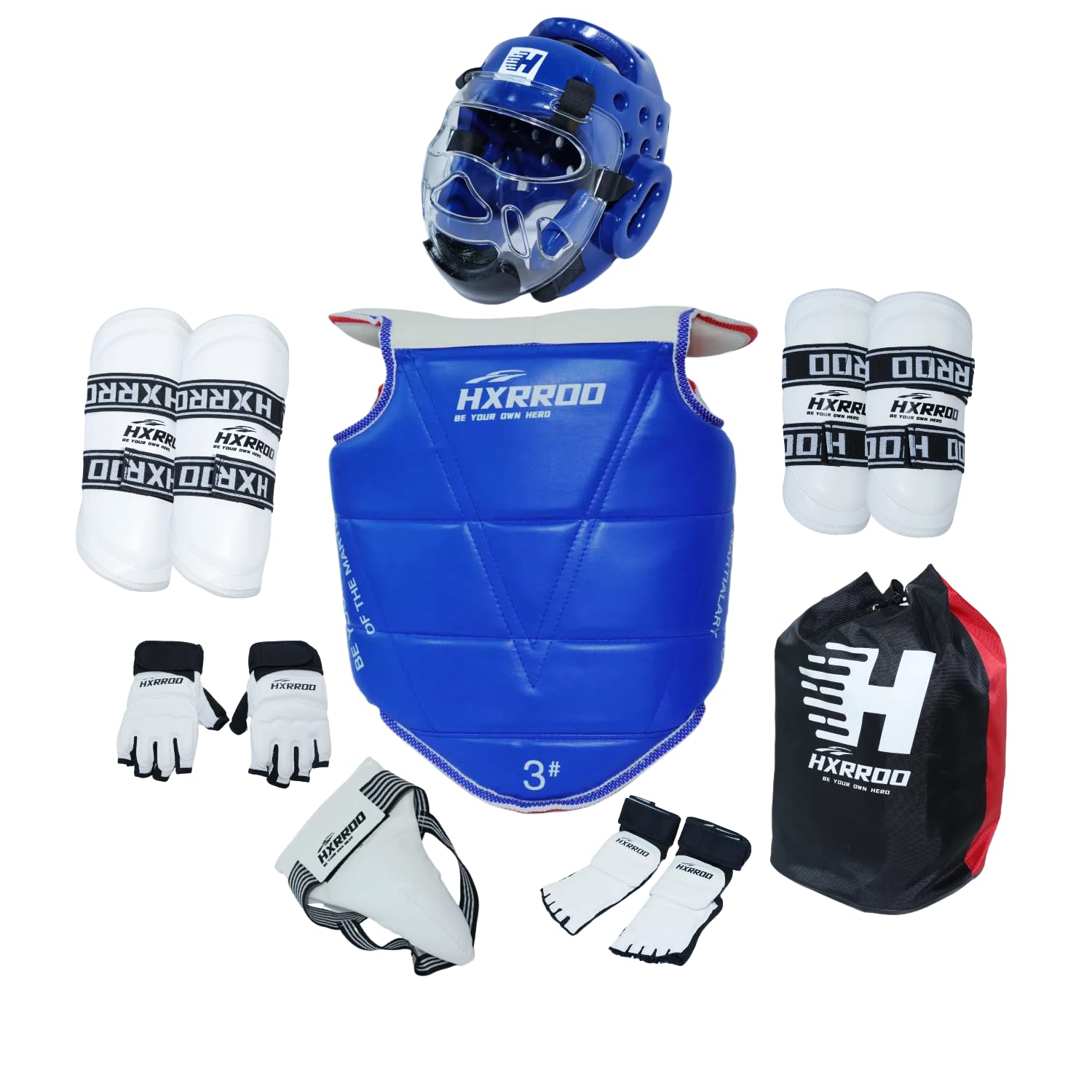 HXRROO Taekwondo Sparring Gear Set, Head Gear Chest Guard Arm Shin Guard Groin Protective Gear Set for Children Teen Adult