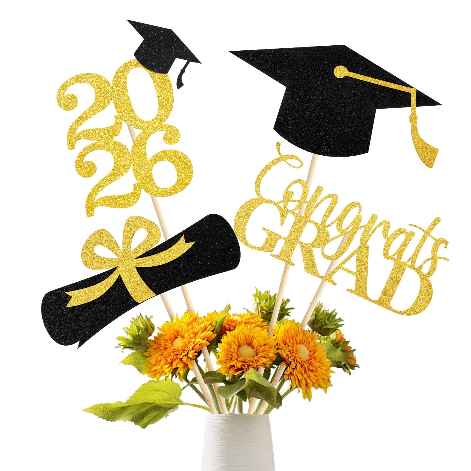 Graduation Decoration 2026, 16 PCS Gold and Black Double Sided Sparkling Graduation Centerpieces Sticks for Table, Class of 2026 Graduation Party