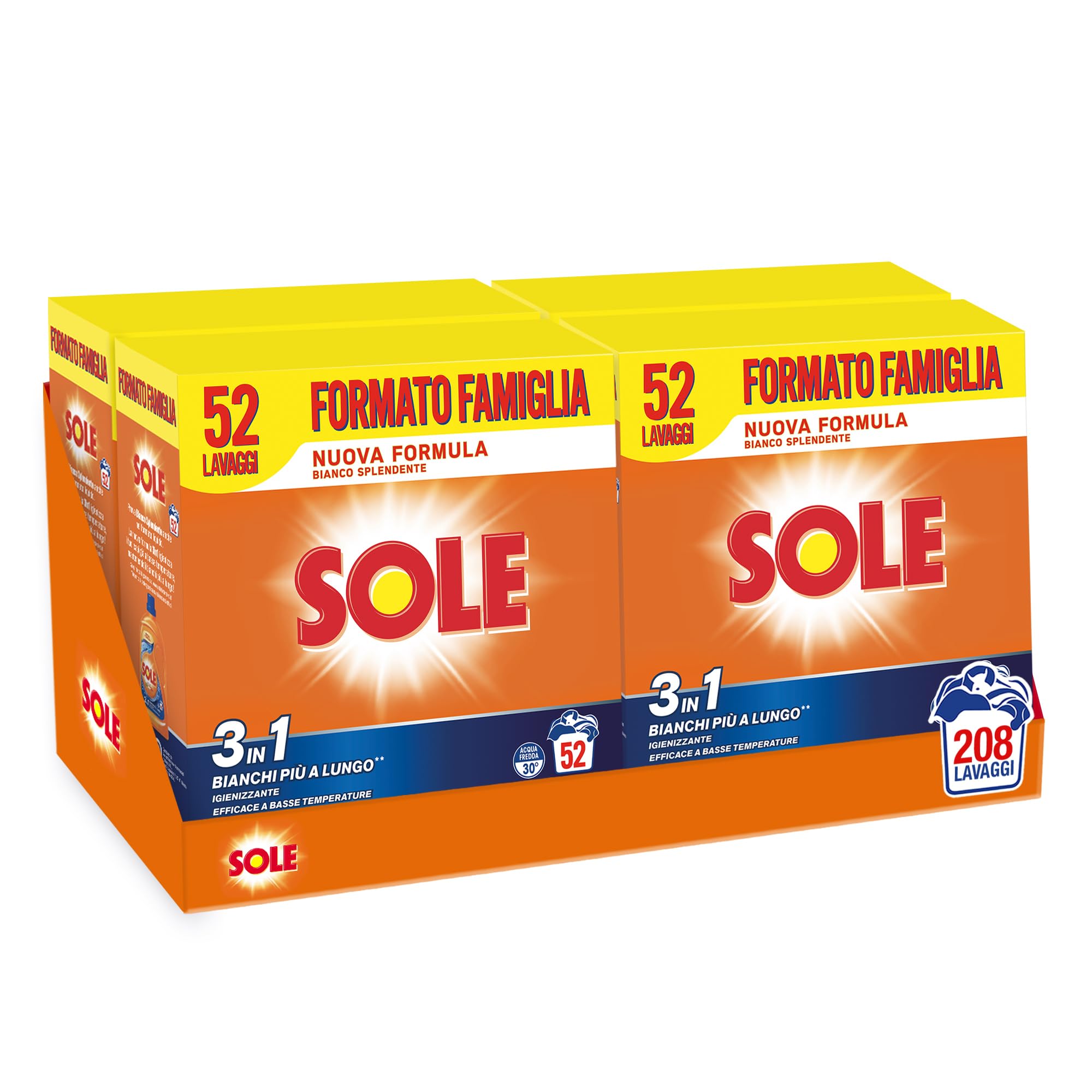 SOLE Bianco Splendente 52 Mis, Confezione da 4x2,6 kg, Detersivo in polvere con bicarbonato per bucato a mano e in lavatrice