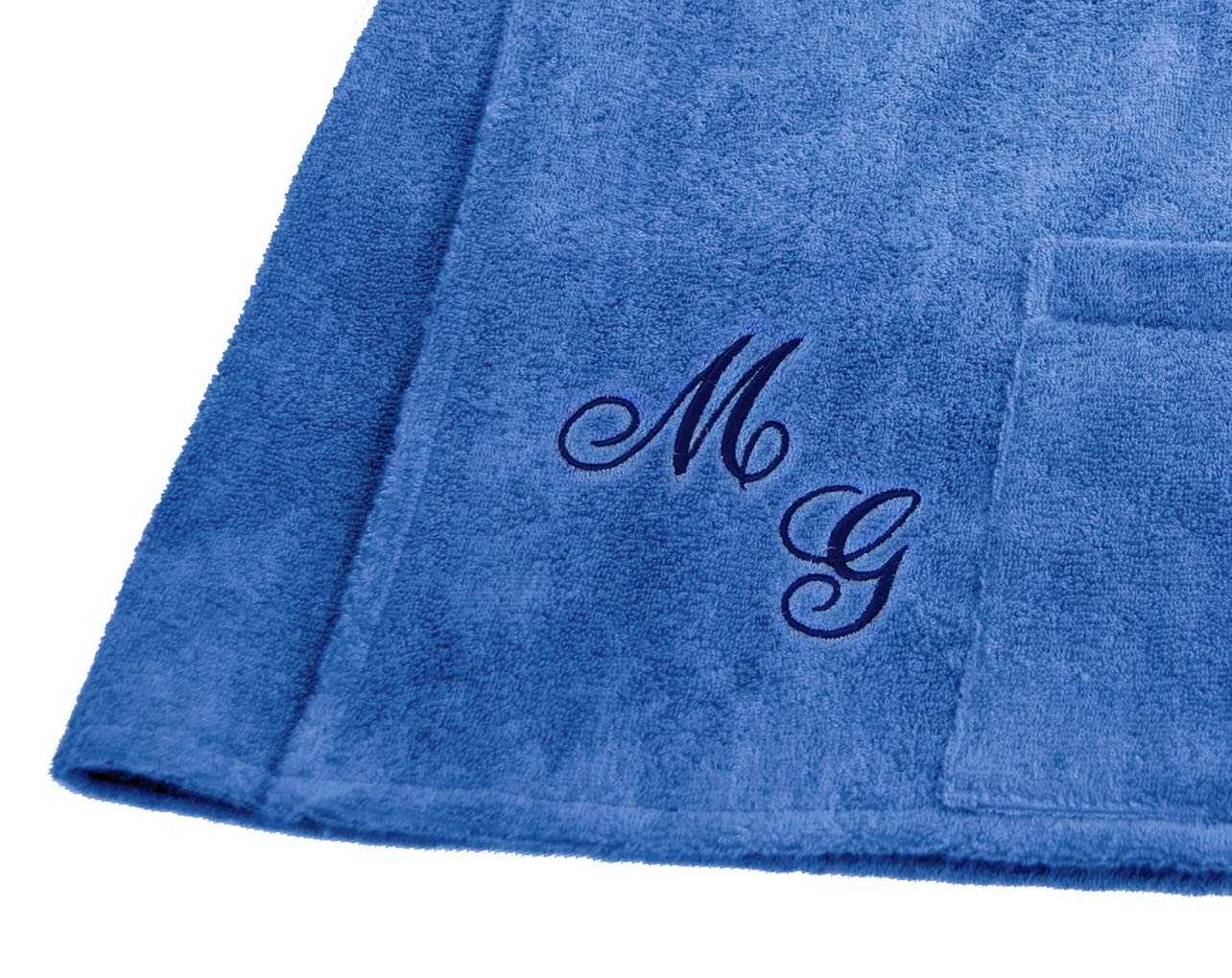 Lashuma Framsohn Saunatuch Fun Saunakilt für die Herren, Farbe Azur Blau, Bestickt mit Ihrem Wunsch Monogramm Dunkel Blau