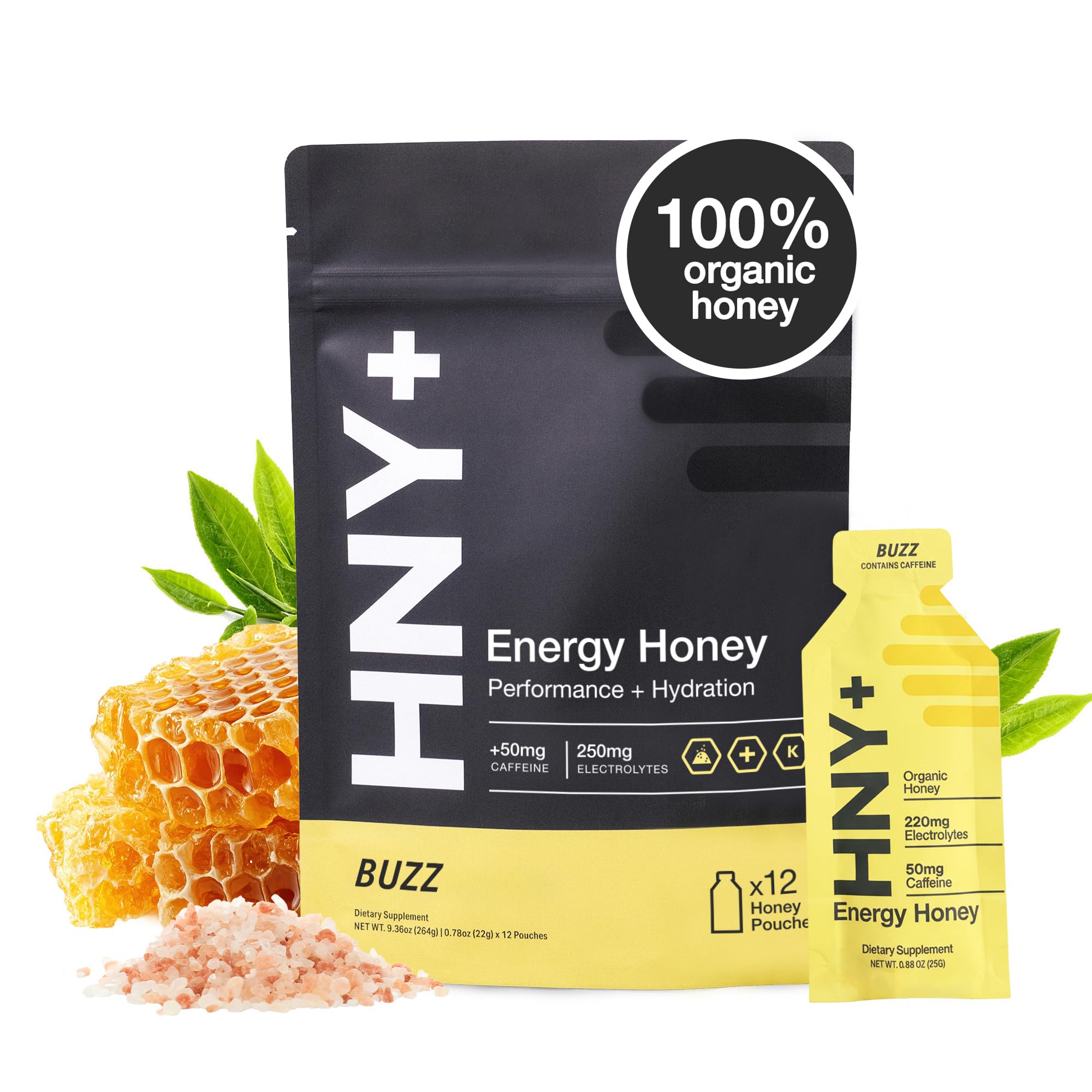 HNY+ Gel energético de mel orgânico com cafeína de chá verde 50 mg, 12 sachês