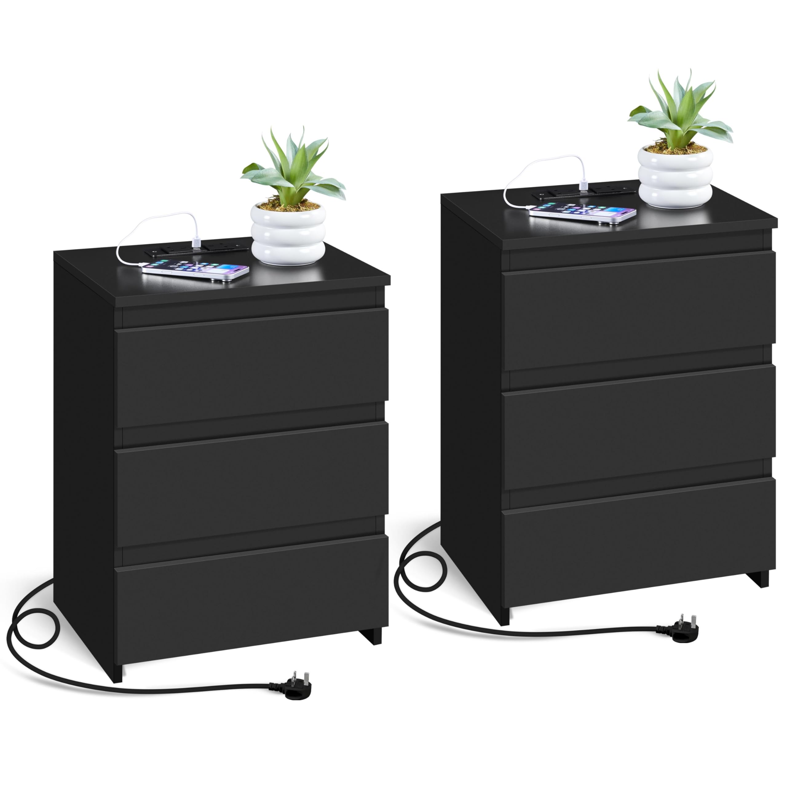 Yaheetech Bedside Tables Set of 2 with Charging Station - Nightstand with 2 USB Ports, 2 Outlets & 3 Drawers, End Table for Bedroom, Living Room, Small Spaces, Black