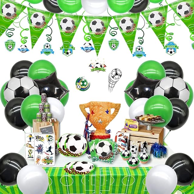 Football party supplies-set of 91pcs sports theme decoration included birthday balloon and football theme sticker for game day Happy birthday party,kids,boys,football fans,football world cup