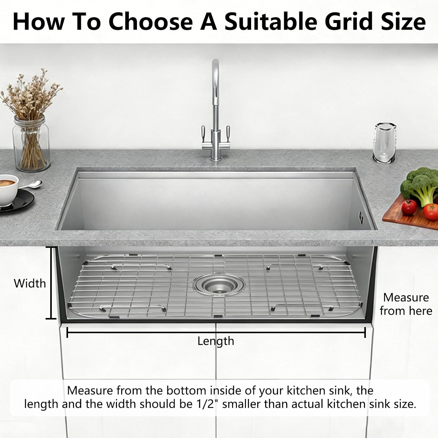 AWOKE Sink Rack for Bottom of Sink (24 x 12 Inch), Center Drain Sink Protectors for Kitchen Sink, 304 Stainless Steel Heavy Duty Metal Wire Grate for Single Bowl Farmhouse Sink Bottom,Soft Rubber Feet