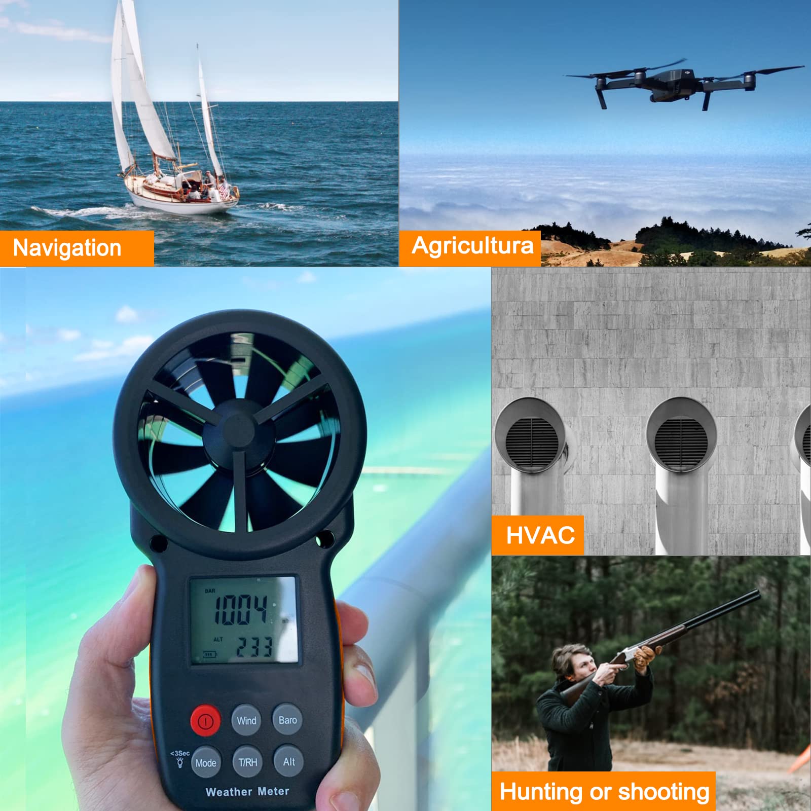 Digital Windmesser, LC-100-WM Handheld Anemometer zur Messung von Windgeschwindigkeit Temperatur Feuchtigkeit Altitude Luftdruck, Windmessgerät für HAVC Windsurfen Segeln Drohne