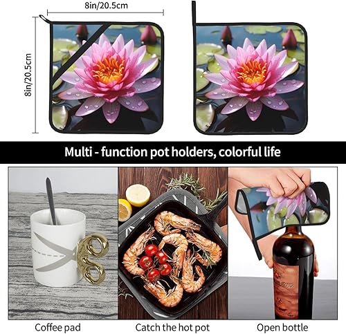 Miniatura 5 de Lotus Flower Print Pot Holders Sets Heat-Insulating and Waterproof Polyester Fabric for Kitchen and Outdoor Use