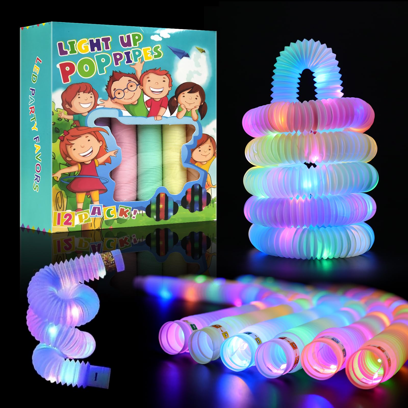 12 PCS Light Up Pop Tubes LED Glow Sticks Party Favors for Kids 3-8-12 Fidget Stress Relief Toys, Toddlers Goodie Gift Bag Stuffer Fillers,Classroom Prizes Rewards,Party Supplies