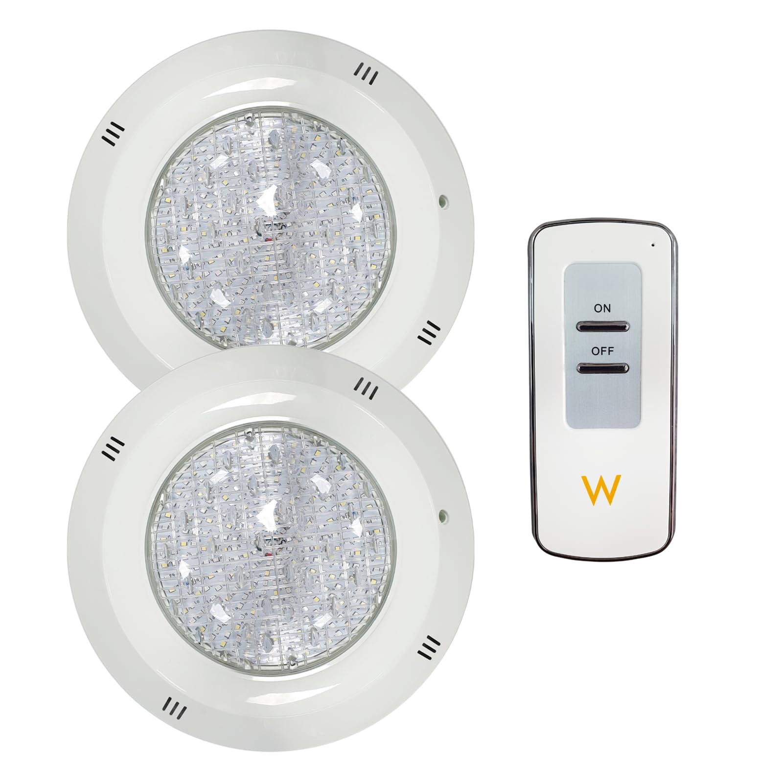 SWIMHOME Pack Iluminación Piscina | 2 Focos LED de Superficie + Control Remoto ON/Off | ABS Blanco Resistente | Ø29 cm 35W 12V/AC Blanco Frío 6000k