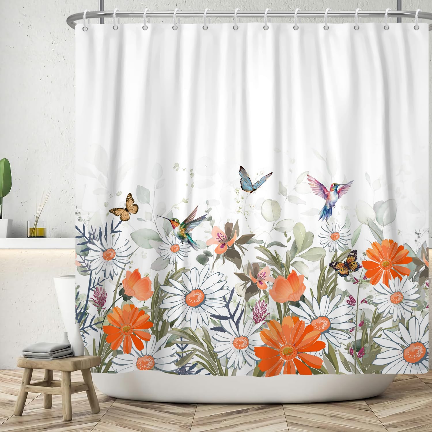 ASDCXZ Flower Shower Curtain 240x180 cm, Spring Orange White Flowers Green Leaves Colorful Butterfly Bird Washable Shower Curtains Polyester Textile Waterproof Bath Curtain for Bathtub with 12 Hooks โ image 1