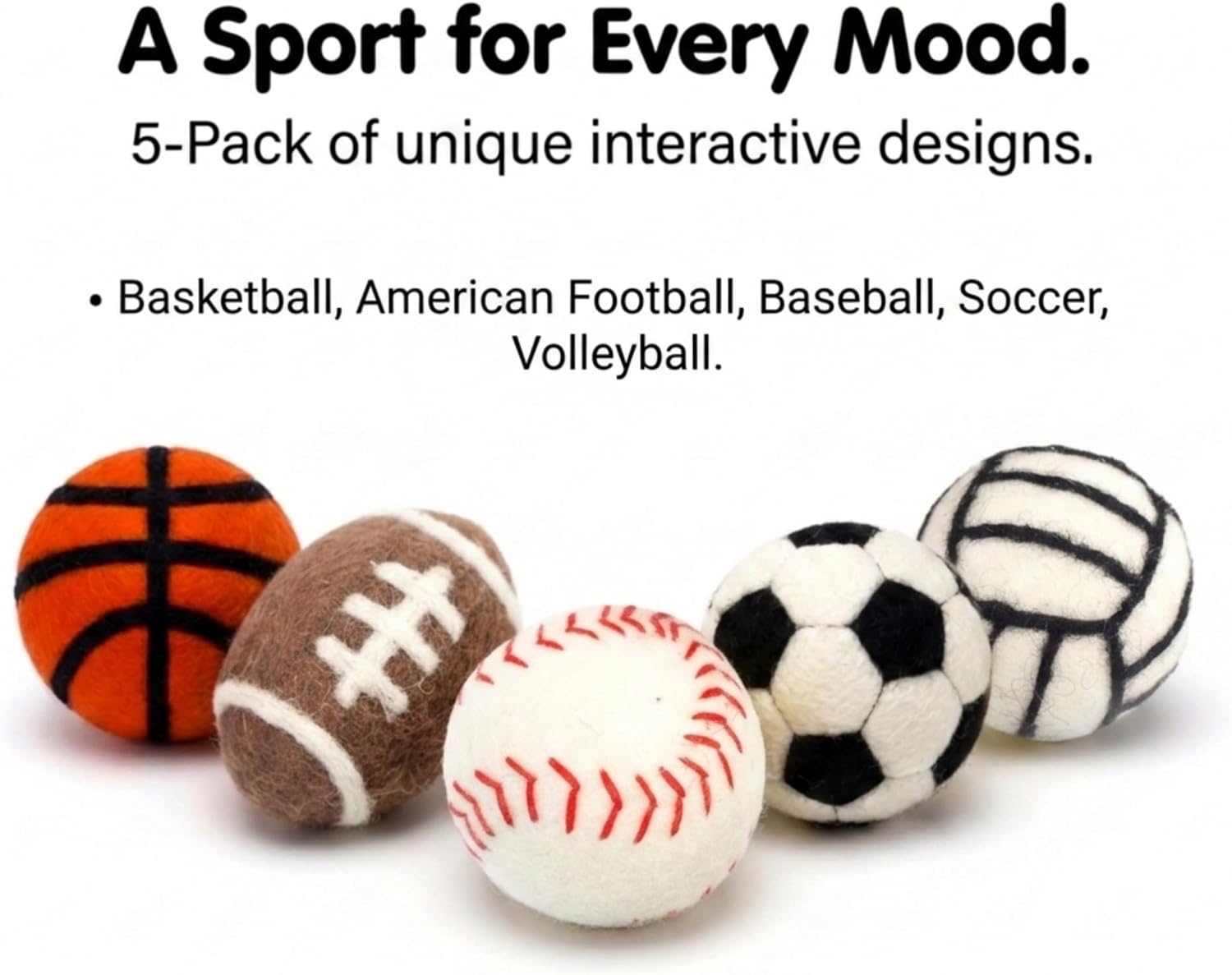 Glaciart One Sports Wool Balls for Cats – 5 Pcs with Catnip Pouch - Soft Fuzzy Enrichment 100% Natural Felt Cat Toy - Interactive Play Cat Toy Set - Safe for Pets, Non-AZO Colored Dyes – 1.6” image 5