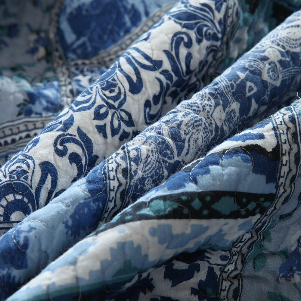NEWLAKE Cotton Bedspread Quilt Sets-Reversible Patchwork Coverlet Set, Blue Classic Bohemian Pattern,Queen Size - Image 6