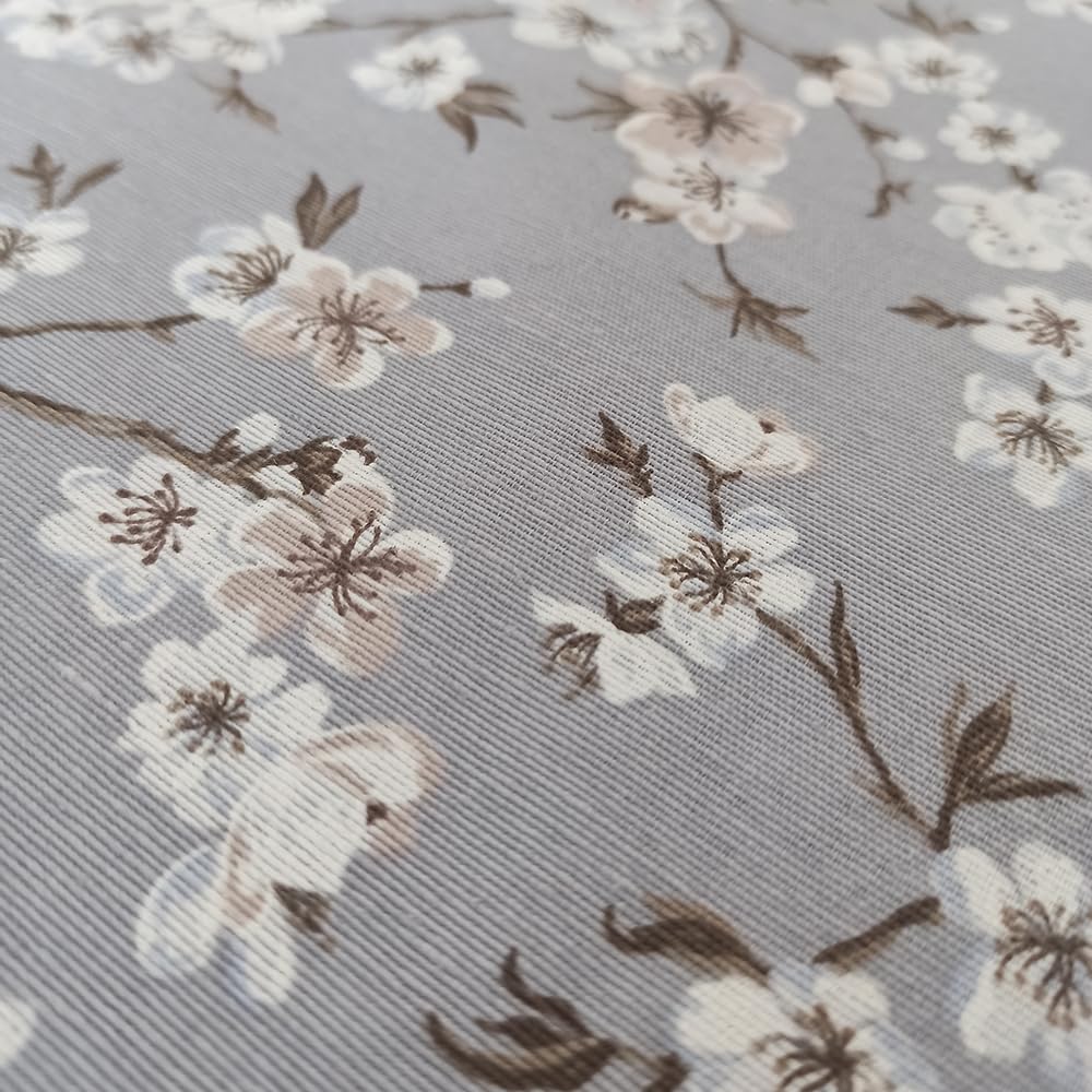 LaFábricadelasTelas - Falda o Ropa de Mesa Camilla Redonda Flores Almendro Beige y Gris. Primavera Verano Loneta Estampada algodón, Faldón Faldilla enagüilla 60-70-80-90-100 (Gris, 100 Redonda)