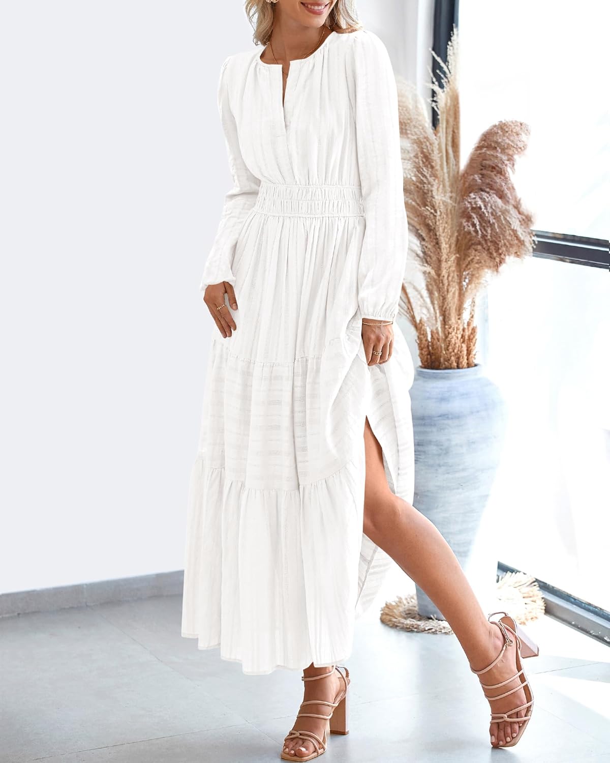 BTFBM Spring Dresses for Women 2026 Casual Long Sleeve V Neck Elastic Waist Lightweight Maxi Wedding Guest Dress Pockets - Image 8