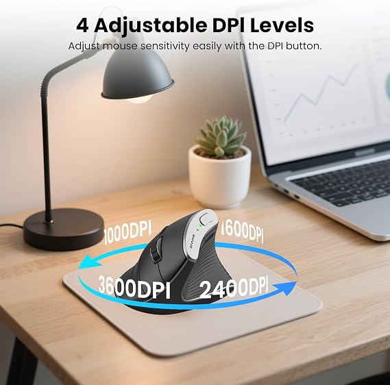 Wireless Vertical Ergonomic Optical Mouse 2.4G Bluetooth Wireless Vertical Mouse 4 Adjustable 1000/1600 / 2400/3200 DPI Wireless Mouse Compatible with Windows, Mac OS, Laptop, PC- Black