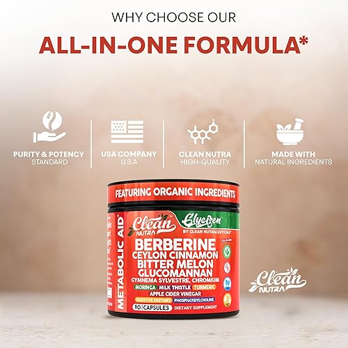 Miniatura 7 de Clean Nutra Berberine and Ceylon Cinnamon Supplement Bitter Melon Glucomannan Gymnema Sylvestre Chromium Moringa Milk Thistle Turmeric Apple Cider