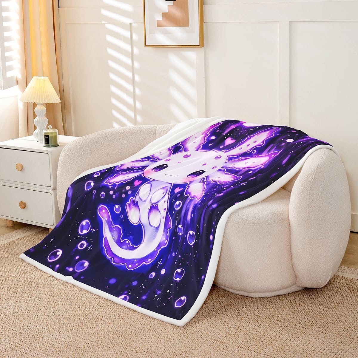 Feelyou Cute Axolotl Sherpa Blanket Plush Fuzzy Cartoon Purple Animal Axolotl Fleece Throw Blanket Boys Girls Girly Dreamy for Bed Couch Chair Living Room Bedroom Decor Baby 30"x40"