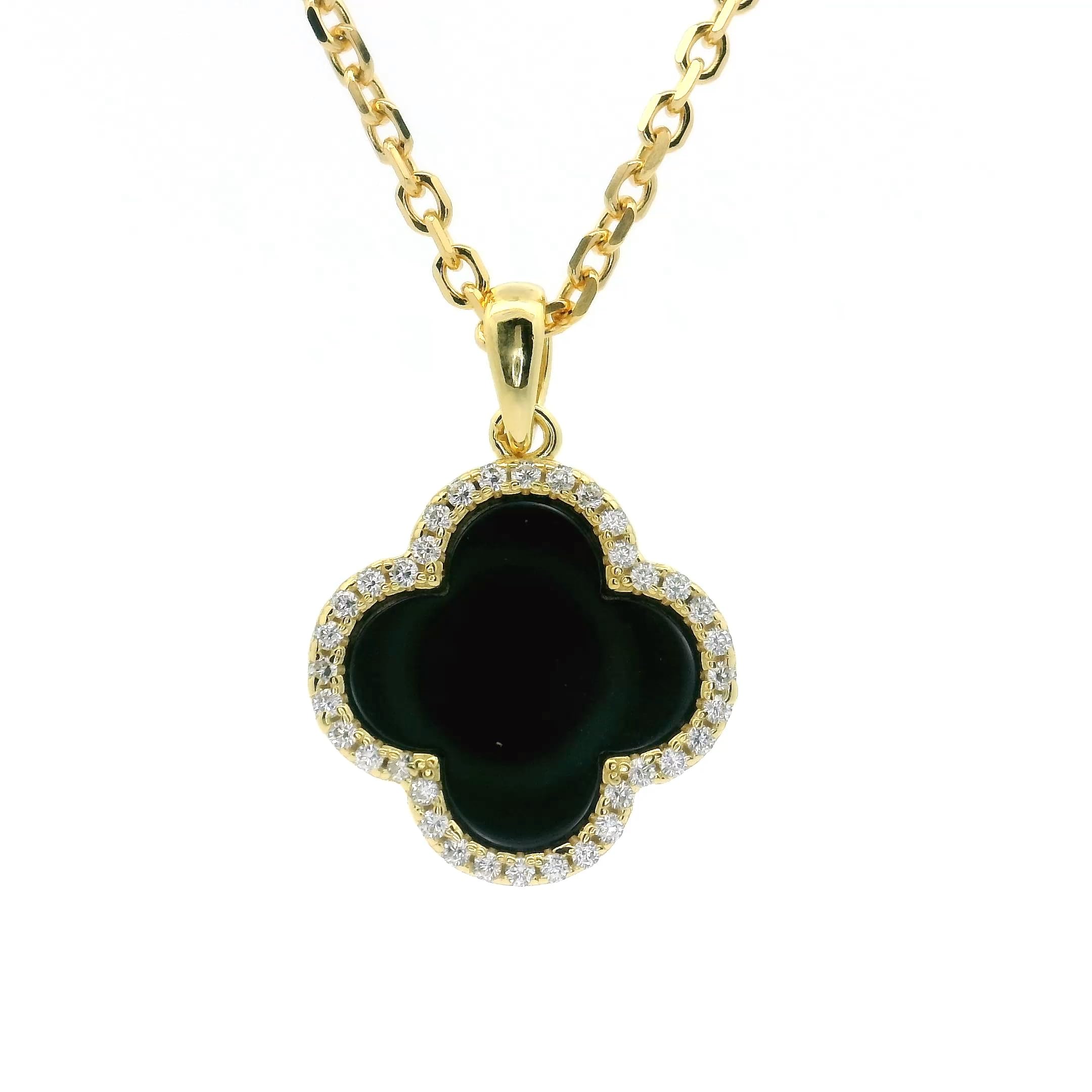 Lucoro - Kleeblatt Halskette Damen 925 Silber 18K vergoldet – Zirkonia & Onyx Anhänger, verstellbar 42–45 cm – Schmuck für Frauen & Mädchen, elegantes Geschenk mit Schmuckbox