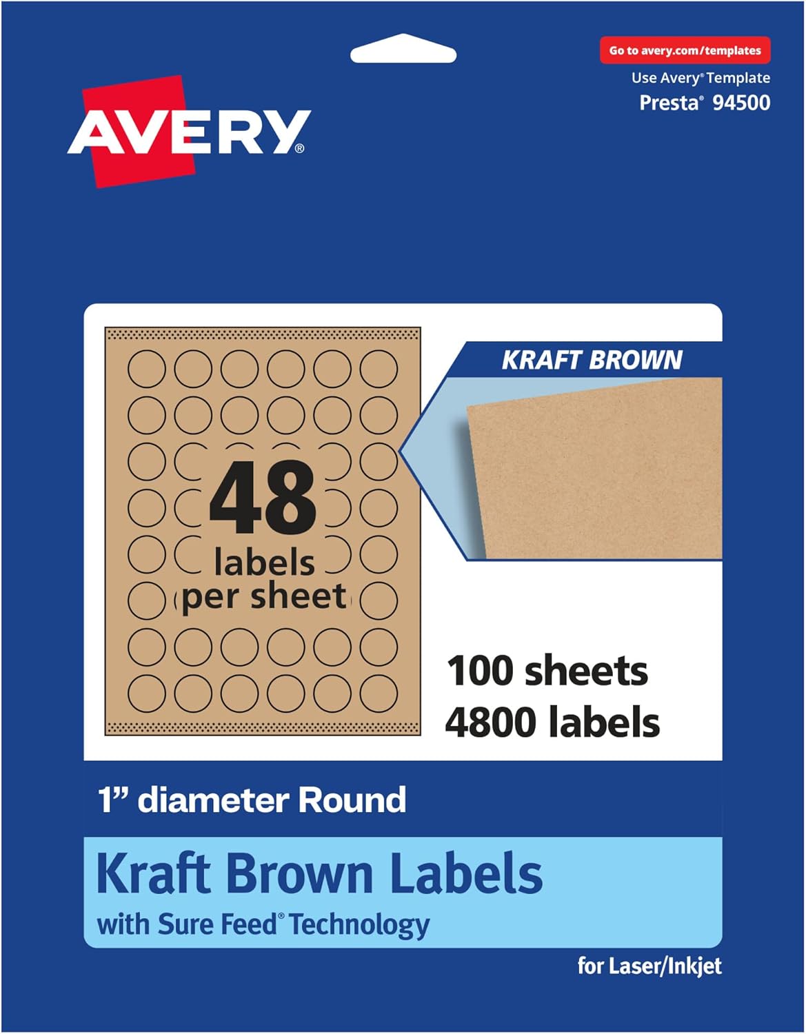 Avery Kraft Brown Round Labels, Sure Feed Technology, 1" Diameter, 4,800 Kraft Brown Labels, Print-to-The-Edge, Laser/Inkjet Printable