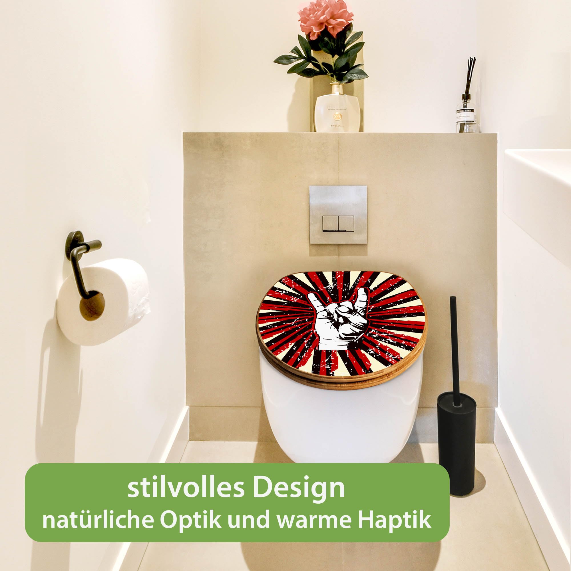 banjado Design WC Sitz Bambus Absenkautomatik 45,8x37,5cm - Toilettendeckel mit Absenkautomatik Holz - hochwertiger Bambus Klodeckel - WC-Sitz für gängigen Toiletten - Motiv Rock On