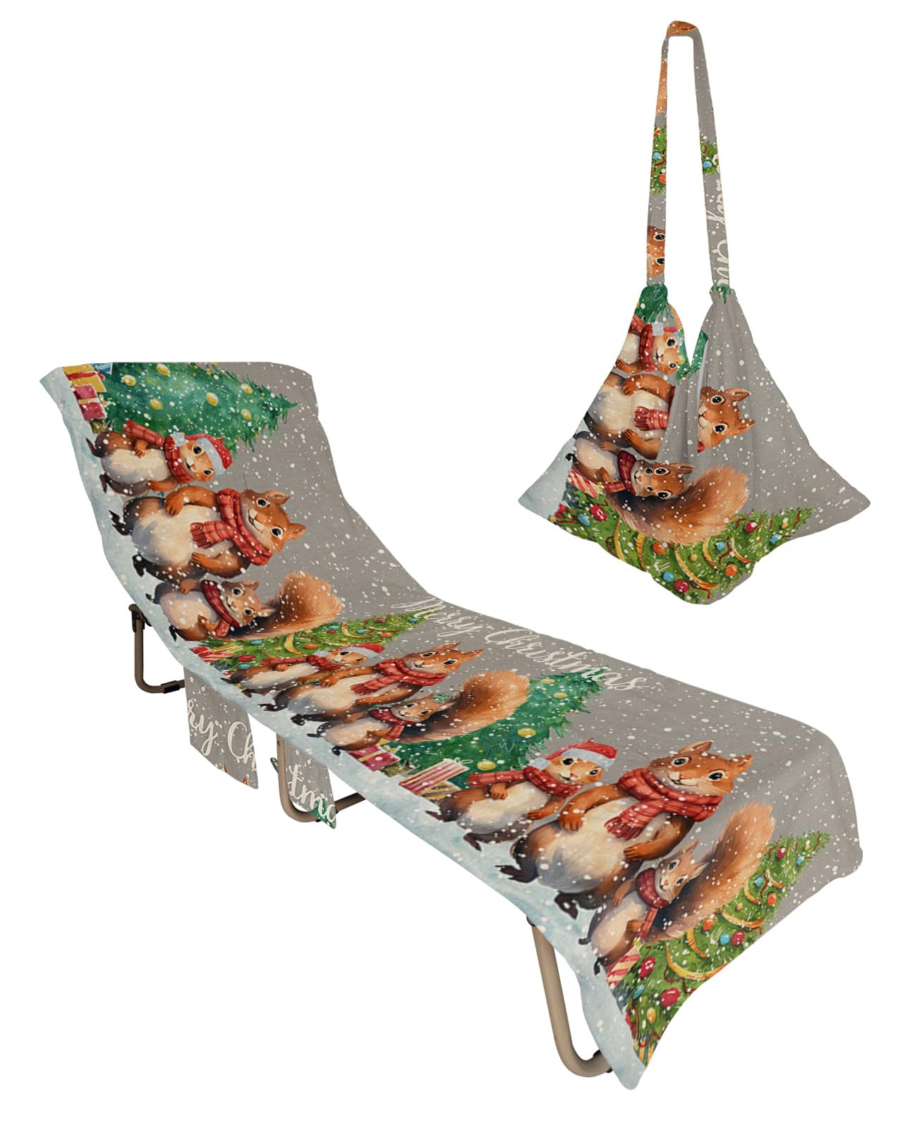 Winter Squirrel Beach Chair Towel Covers for Chaise Lounge with Side Pocket, Soft Plush Pool Towels Cover for Patio Sunbathing Outdoor 29''x85'' Christmas Winter Snowflake Grey