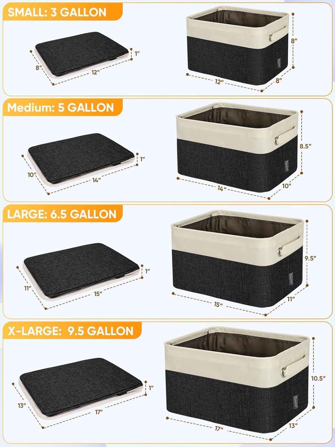 BALEINE Fabric Storage Bins for Shelves, Linen Storage Baskets for Organizing, Decorative Closet Storage Bins for Clothes, Toys, Home Storage (Black, 4 Pack)